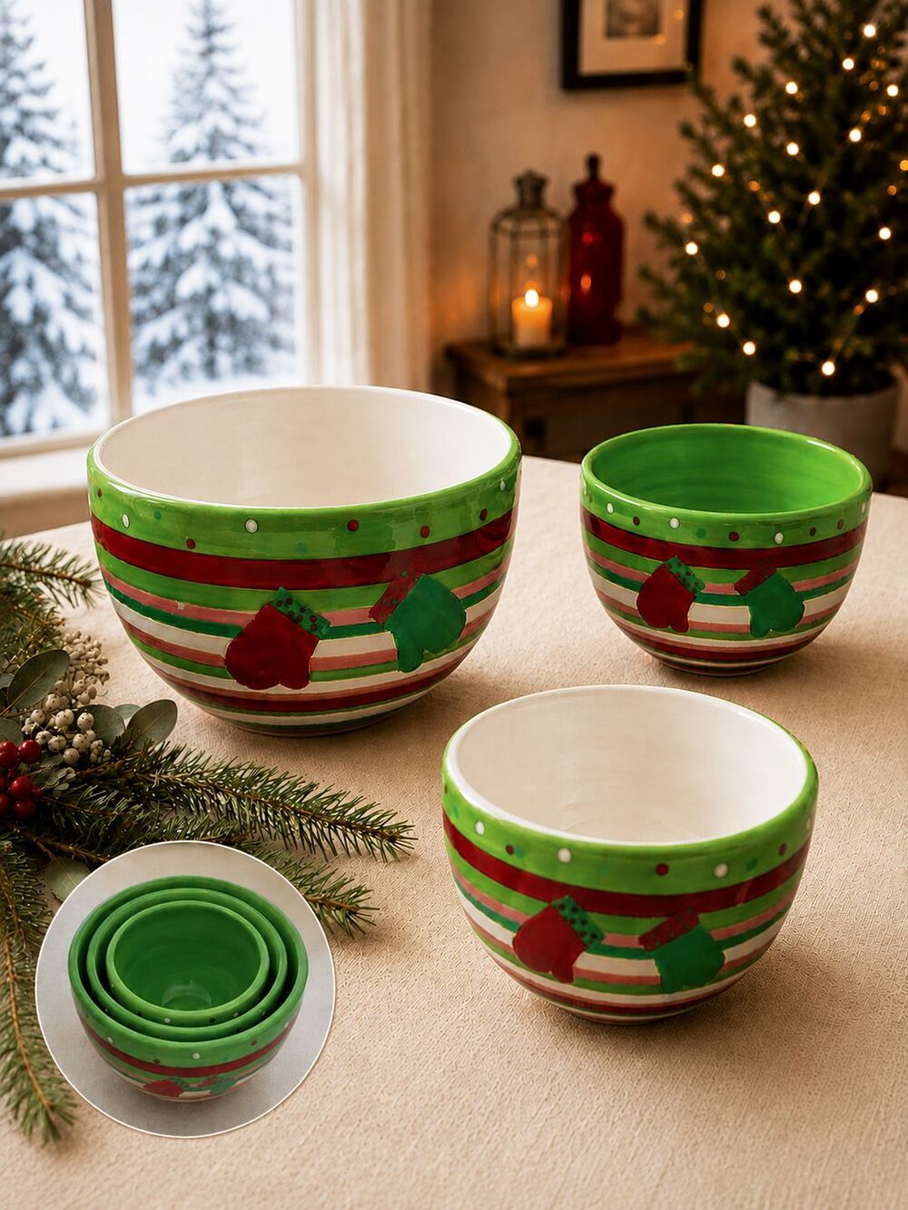 Boston Warehouse Christmas Nesting Bowls Set of 3 Ceramic Holiday Mittens 2005